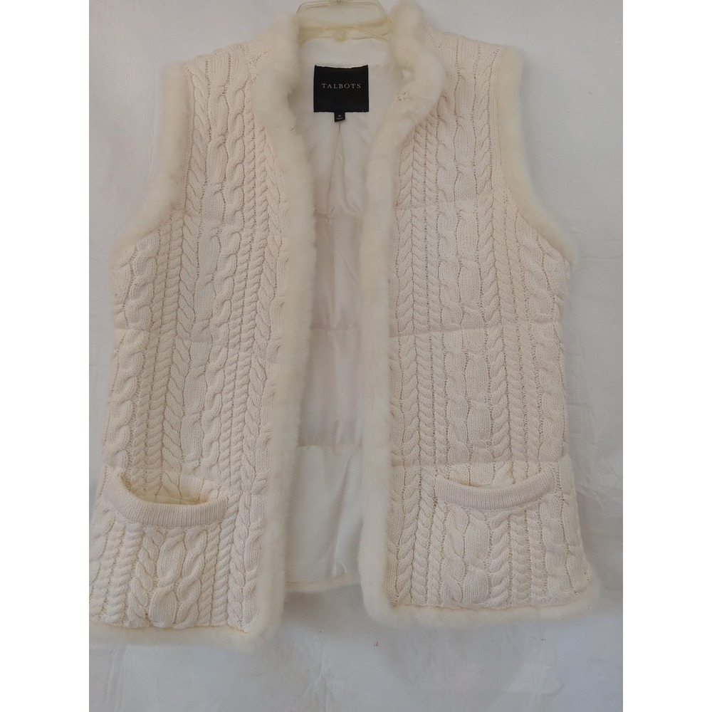 Talbots Cable Knit Faux Fur Trimmed Vest Cream Puffer Full Zip Pockets Medium